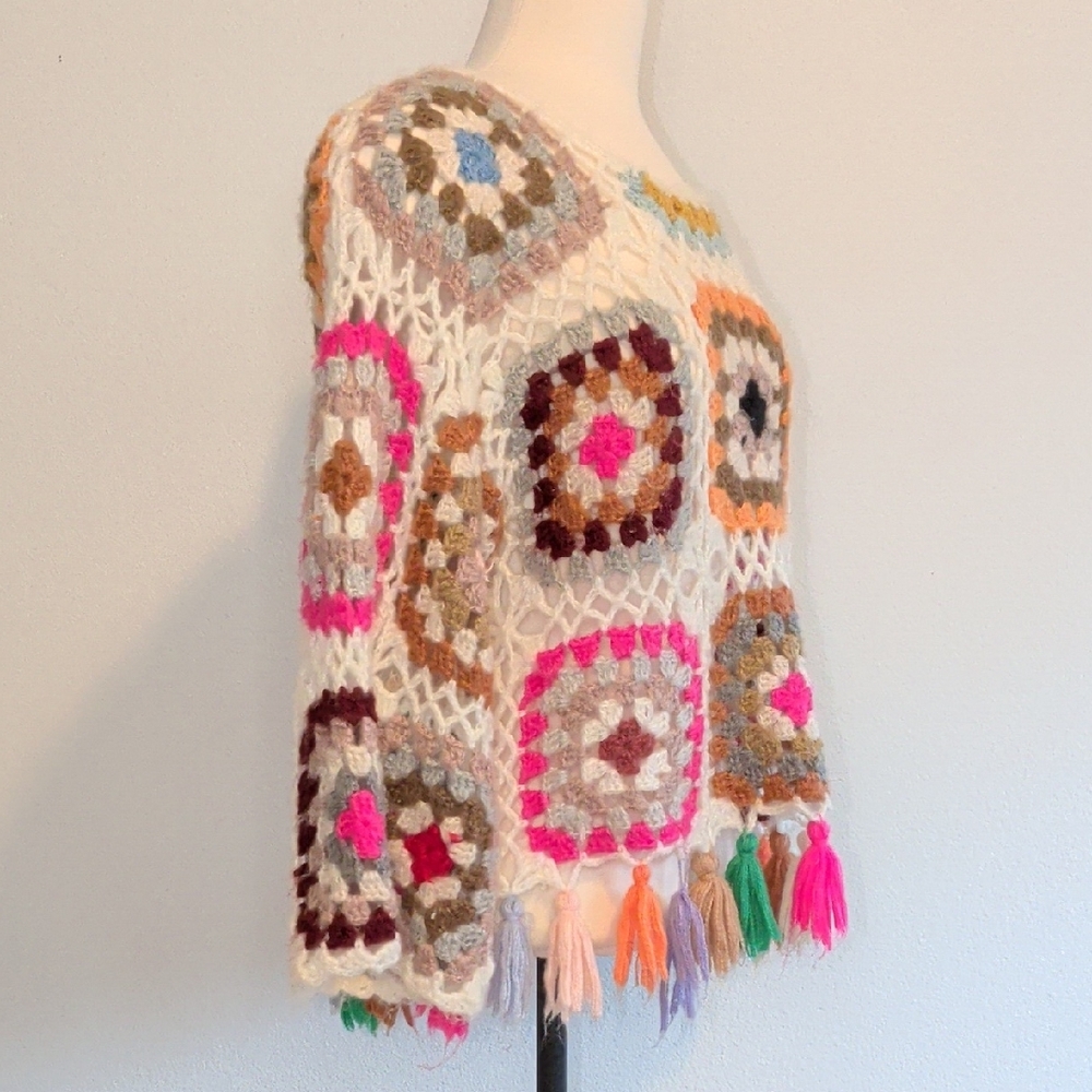 Crochet Patchwork Fringe Sweater - Multi Color - image 5